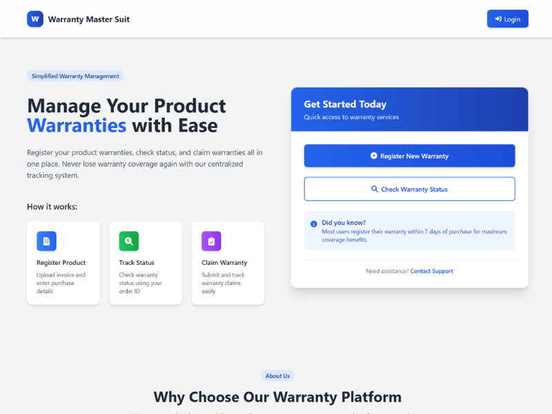 Warranty Master Suite Dashboard